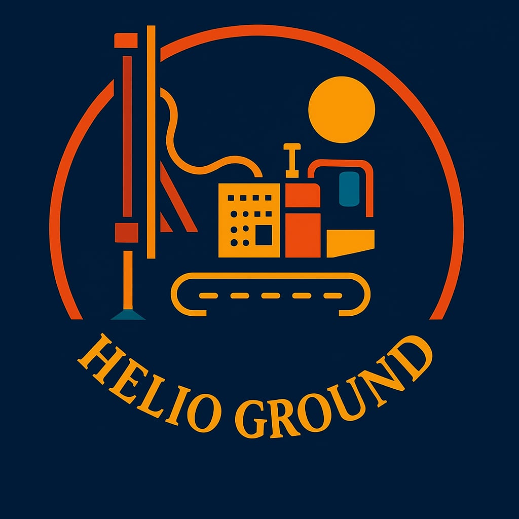 Logo firmy Helio Ground z maszyną budowlaną
